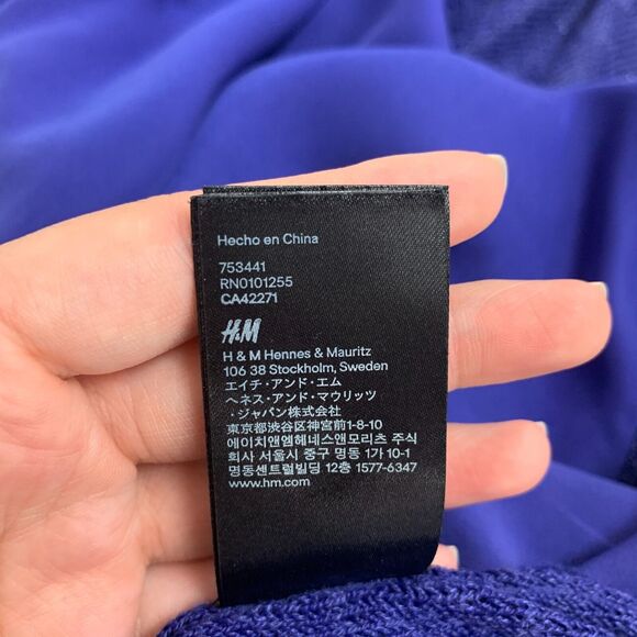 H&M Mixed Media Top Women M Deep Blue Contrast Open Knit Long Sleeve High Low - Picture 14 of 16